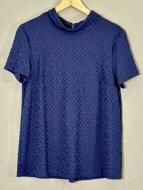J McLaughlin Catalina Cloth Top Large Navy Geo Jacquard Stretch Blouse NWT